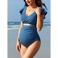 thumbnail image 3 of Sociala Warpped V Neck 1 Piece Swimwear for Maternity Ribbed Ruffle Sleeve Swimsuit, 3 of 8