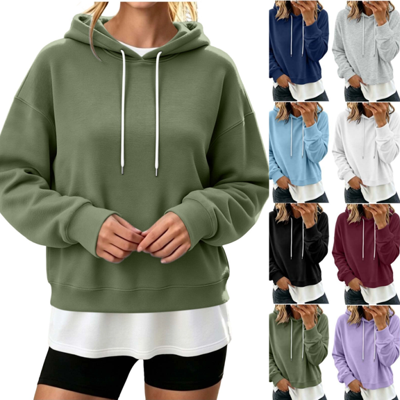 Gamivast Women's Sweatshirts False Two Piece Hoodies Layered Look Long Sleeve Pullover Sweatshirt Casual Drawstring Fall Outfits Green S