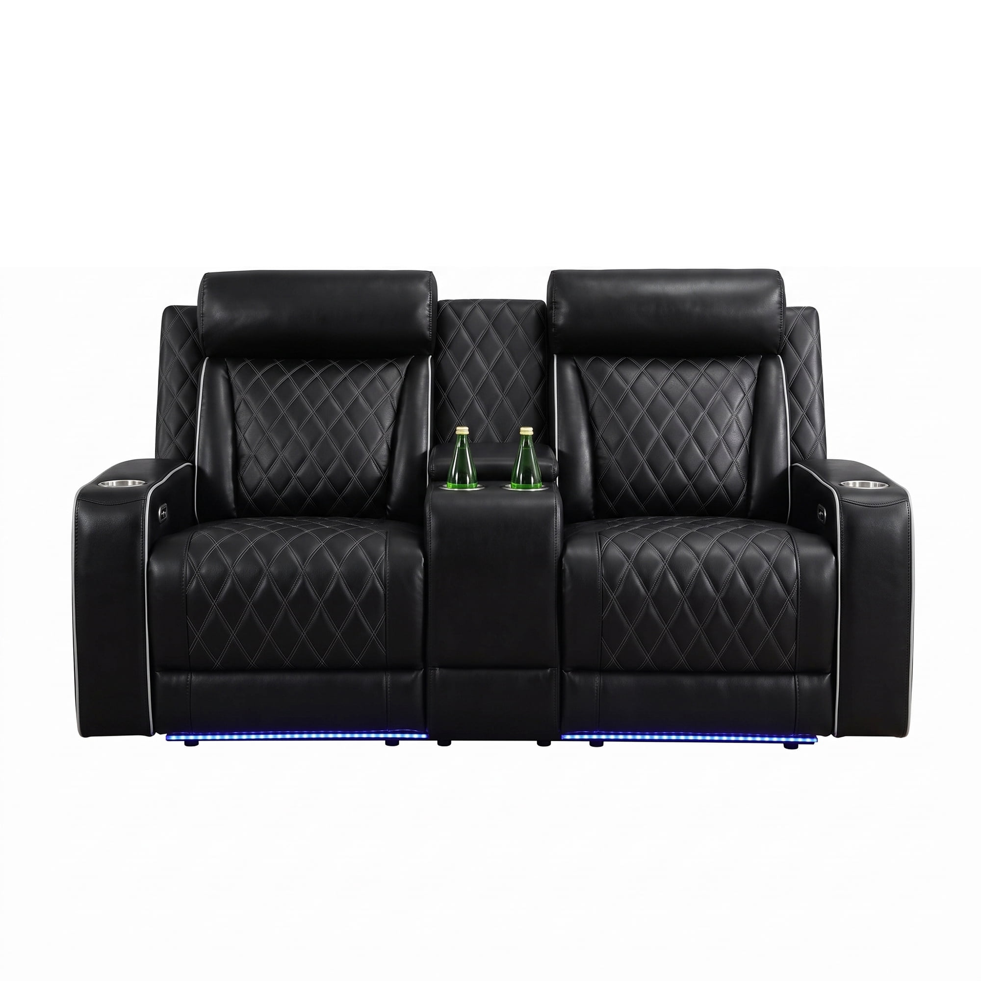 Aukfa Power Recliner Loveseat RV Sofa with USB, Cup Holders & LED Lighting, Storage Console, Home Theater Seating for Living Room, PU Leather, Black