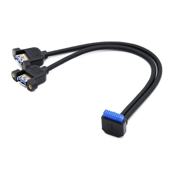 CY Down Angled 19/20Pin Header to USB 3.0 Dual Ports Female Screw Mount Type Cable 90 Degree 5Gbps