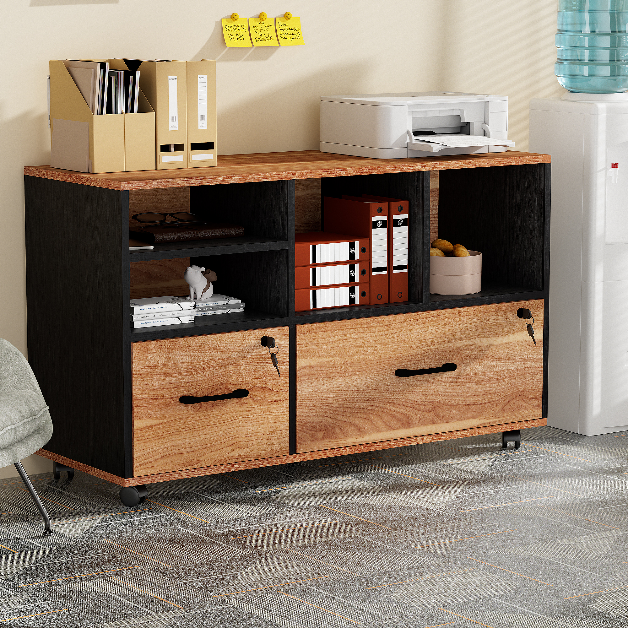 Modfurne Large Lateral File Cabinet with 2 Drawers, Wood Mobile Lockable Rolling Filing Cabinet, Printer Stand Office Storage Fits Files Legal/A4, Brown