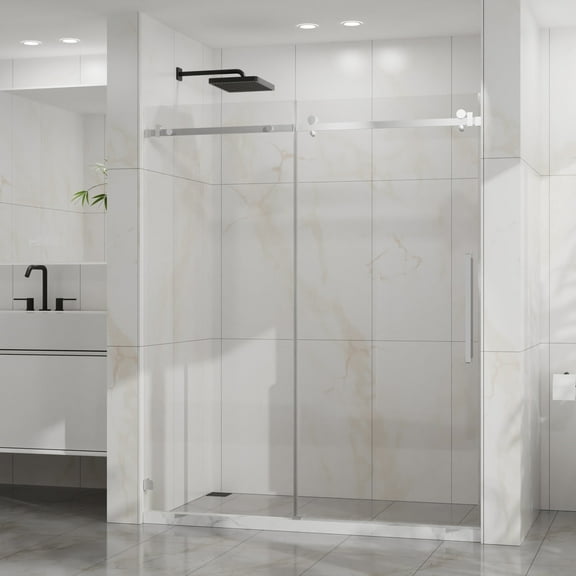 Goodyo Frameless Shower Door, 56-60" W x 72" H Silent Sliding Glass Door, 1/4" (6mm) Thick Tempered Clear Glass with Easy-clean Coating, Heavy-Duty 304 Stainless Steel, Chrome