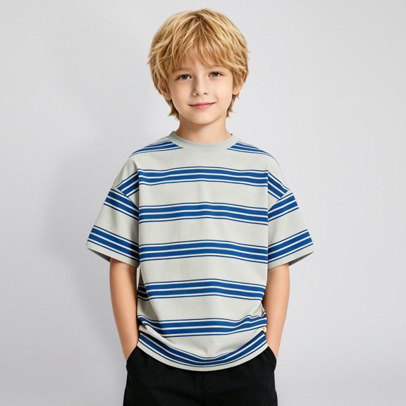 Ulitacool Boy Tops Striped Short Sleeve Tee Round Neck Drop Shoulder Summer Basic T Shirt Fashion Kid Clothing 6-7 Years Sky Blue