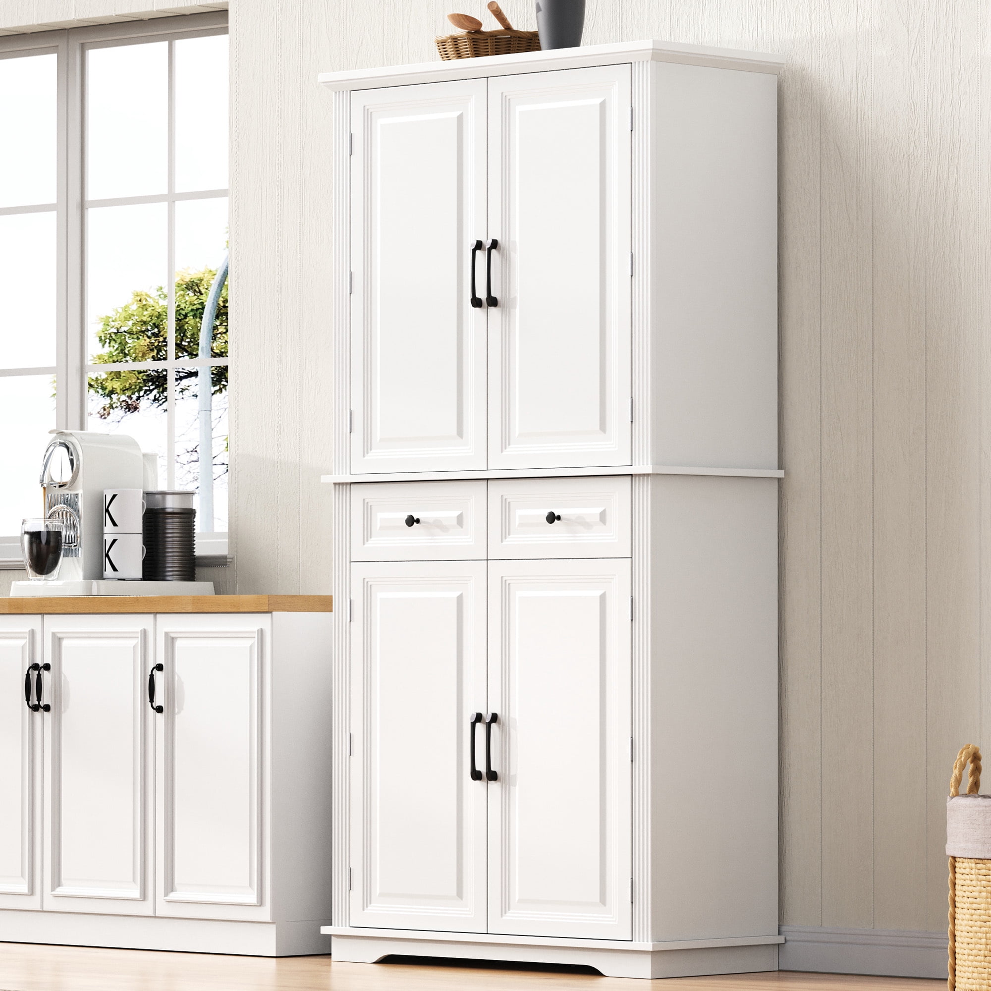 Howcool 71" Tall Kitchen Pantry Cabinet with 3 Pull-Out Organizers, 6 Door Shelves, 2 Drawers, Farmhouse Embossed Texture, Freestanding Storage for Kitchen & Dining Room