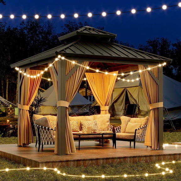 COZONY 10*10ft Hardtop Gazebo, Double Galvanized Steel Roof with Netting & Curtains, Aluminum Frame Pavilion for Patio Terrace Lawn,Black