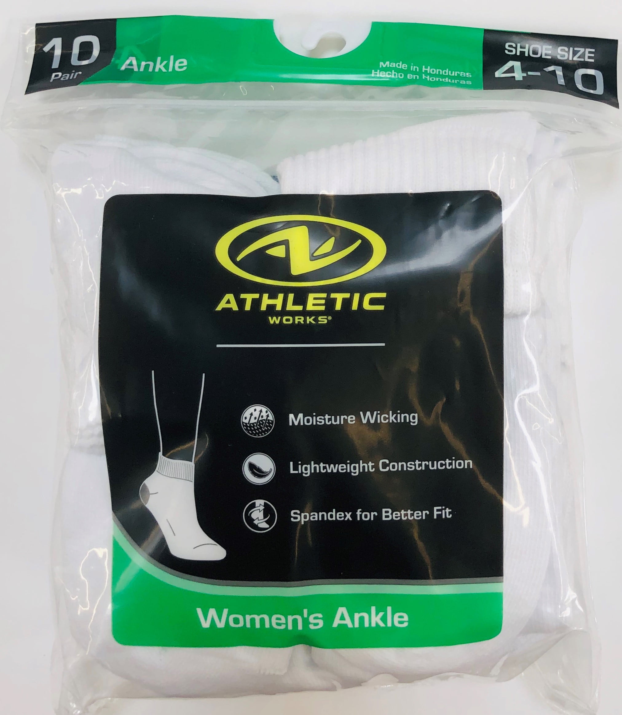 Athletic Works Women's Flat-Knit Ankle Socks, 10 Pairs, White, 4-10
