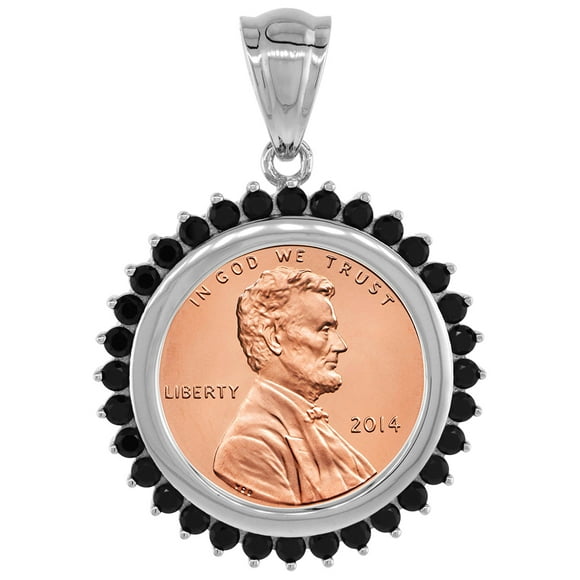 Sterling Silver Cubic Zirconia Penny Bezel Black CZ Halo 19 mm Coins Prong Back 1 cent Coin NOT Included
