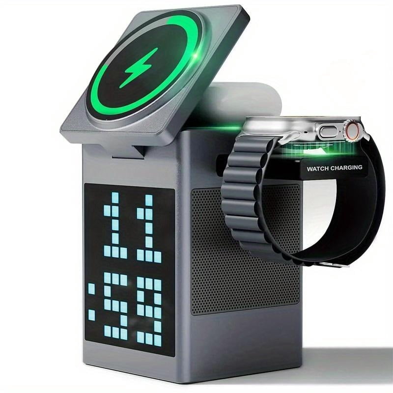 6-in-1 Wireless Charging Dock with Speaker, Digital Clock & Ambient Light - Magnetic Fast Charger for iPhone 16/15/14/13/12 & AirPods | Perfect Tech Gift