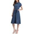 thumbnail image 4 of INSPIRE CHIC Women's Denim Casual Button Down Short Sleeves Belted Midi Dress M Dark Blue, 4 of 6