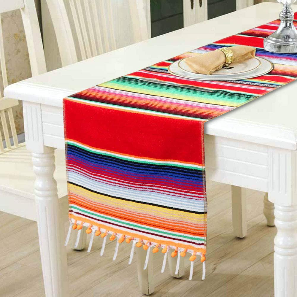 Multi-Colored Fringe Cotton Serape Blanket for Graduation Fiesta Wedding Party Home Decoration Marry Acting 14 x 84 Inches Mexican Striped Table Runner 