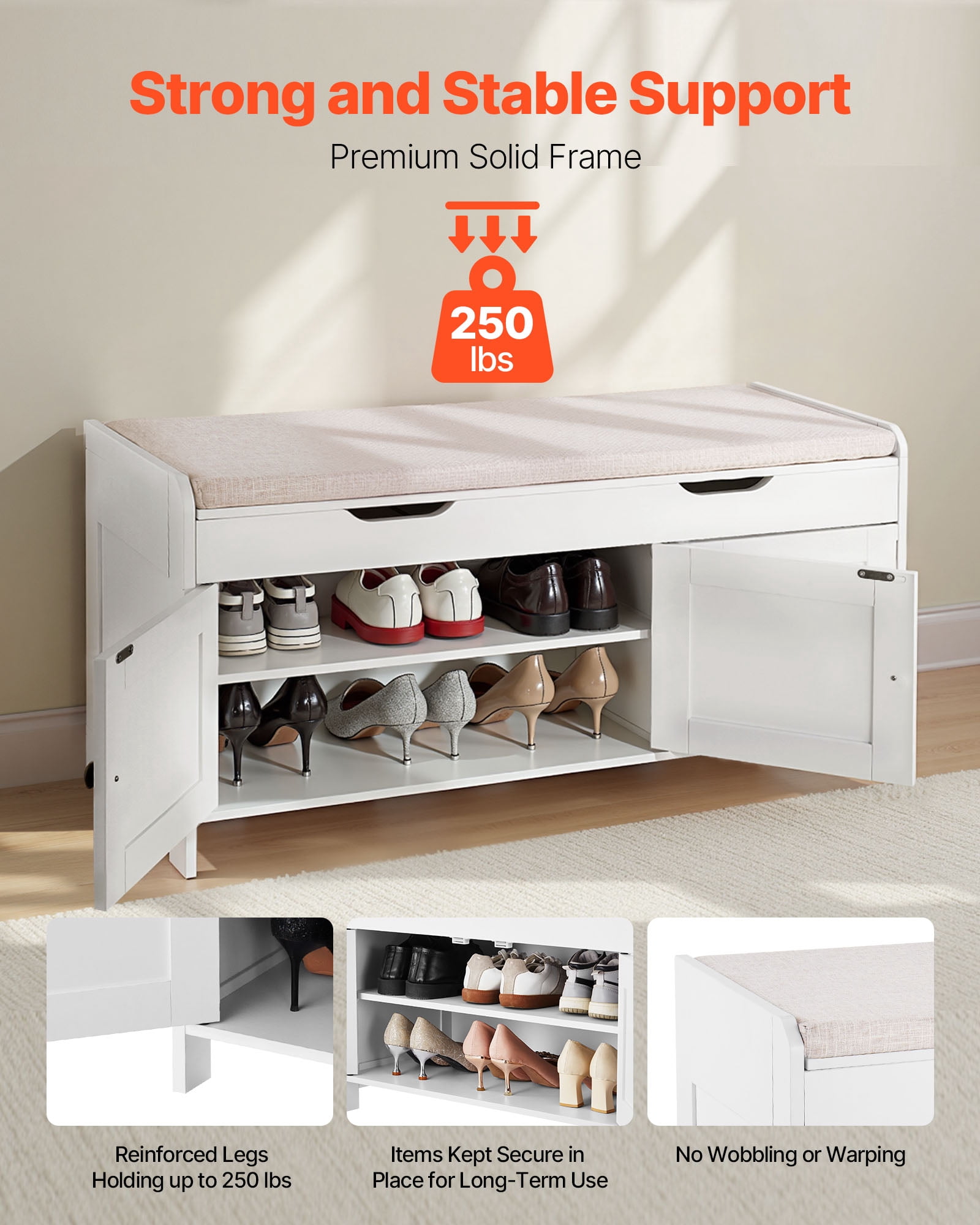 VEVOR Shoe Bench, 41.3 x 13.8 x 19.8 Inch Entryway Bench with Lift Top Storage and Seat Cushion, 250lbs Shoe Rack with 3 Cabinets and Height Adjustable Shelf, for Bedroom,Hallway, White + Black