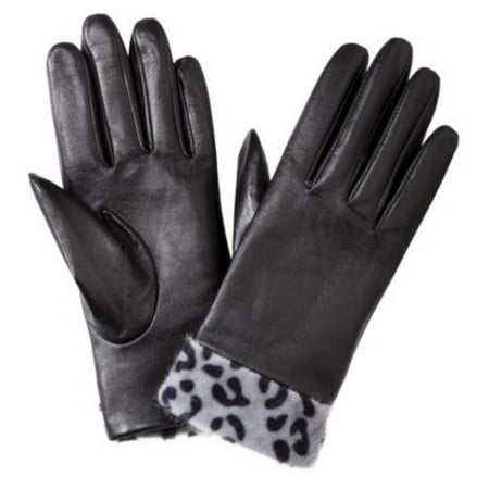 Womens Black Leather Gloves with Gray Leopard Print Cuff