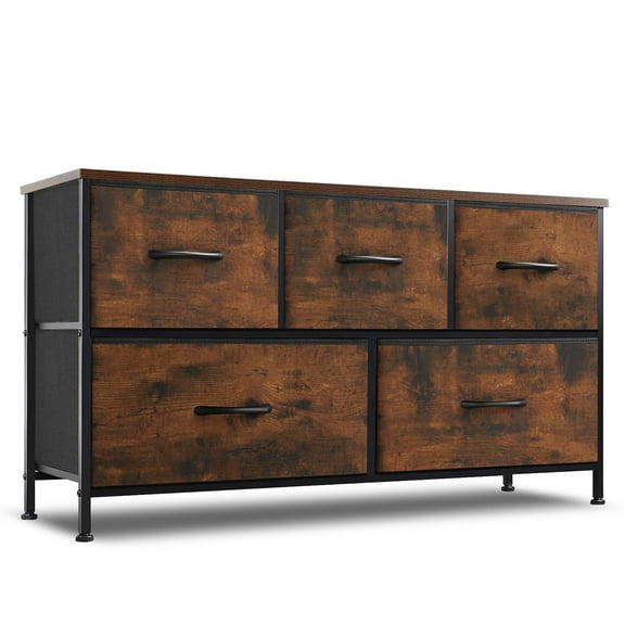 5 Drawer Dresser, Wide Chest Of Drawers Nightstand Storage Tower Storage Dresser Fabric Dresser With Wood Top for Living Room, Bedroom, Hallway, , Rust