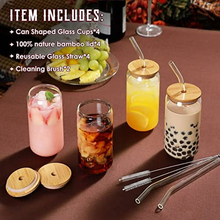 Drinking Glasses Bamboo Lids and Glass Straw 4pcs Set 16oz Can