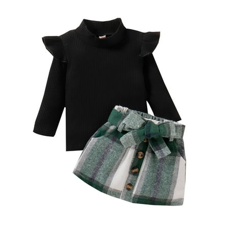 

Toddler Girls Outfit Set Ruffles Long Sleeve Solid Ribbed T Shirt Tops Plaid Prints Bow Tie Skirt Outfits Baby Gifts