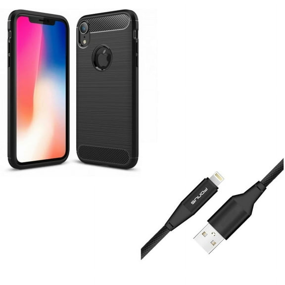 Case w 6ft USB Cable for iPhone XR - Carbon Fiber Slim Fit Cover Reinforced Bumper Shock Absorbent, Charger Cord Power Wire Braided Long Compatible With iPhone XR
