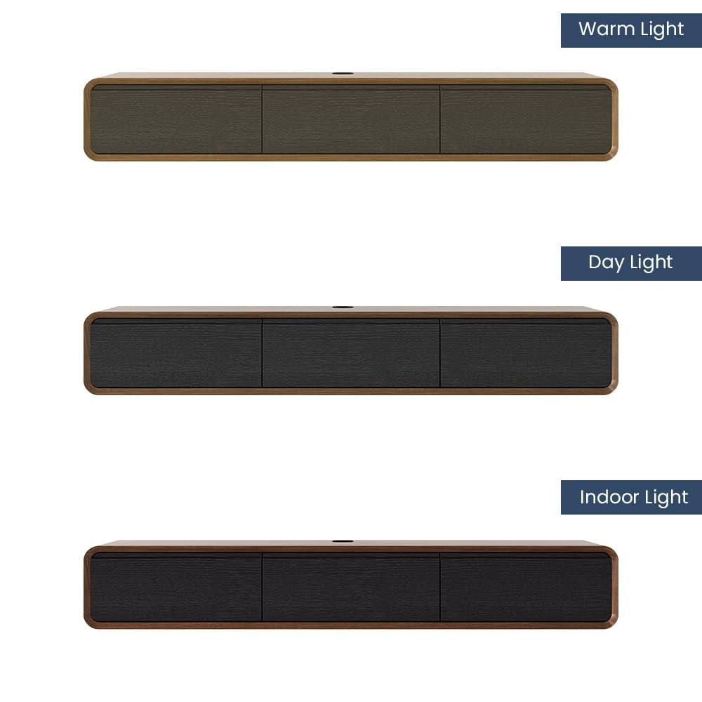 POVISON 63" Minimalist Floating TV Stand for up to 50",Fully Assembled Modern Wall-Mounted Media Console with 3 Flip-Down Cabinet Doors,Walnut & Black