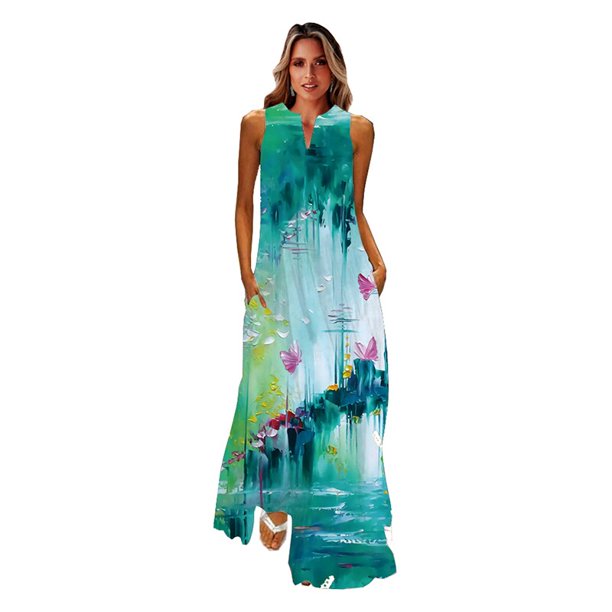 MOVOKAKA Ladies Spring Summer Long Dress Women Sleeveless V-neck Loose Elegant Dresses Party Printing Vintage Beach Dress FemaleL Gao Jinjia LED
