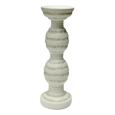 Engraved Candle Holder - Benzara Decorative Polyresin Turned Shape Candle Holder with Engraved Texture, White