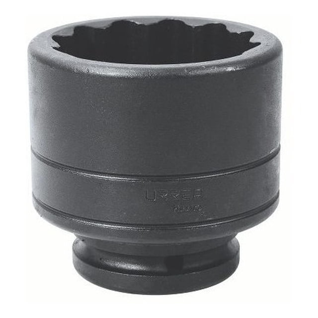 dado de impacto 3/4 12 puntas 1-1/2 7524t urrea 7524t dado de impacto 3/4" 12 puntas 1 1/2" con geometría lobular Super Drive, vista frontal centrada que muestra la cavidad interna de 12 puntas, base de cuadro 3/4" y acabado fosfatado oscuro con marca Urrea en el costado; usado con llaves de impacto para fijación pesada y también adecuado para guardar piezas pequeñas en talleres.