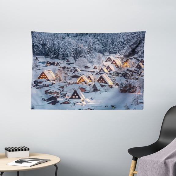 Winter Tapestry, Asian Shirakawago Historical Village under Snow Gifu Chubu Region Japan Image, Wall Hanging for Bedroom Living Room Dorm Decor, 60W X 40L Inches, White Brown Black, by Ambesonne