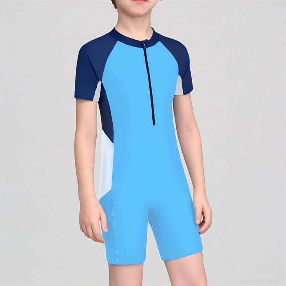 REDARER Boys UPF 50 One Piece Rash Guard, Short Sleeve Color Block Zip Up Swimsuit for Beach Pool Water Play Comfortable Stretchy,3-8 Years