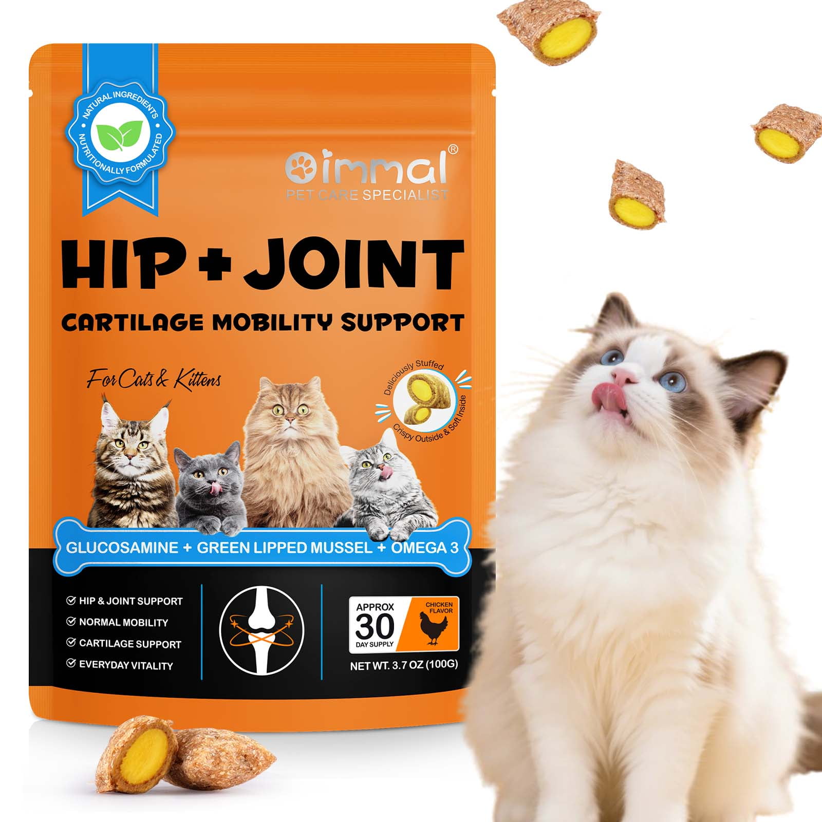 Hip and Joint Support for Cats with Glucosamine Energy Boost Cat Treats Tasty Chicken Flavour 3.7 OZ