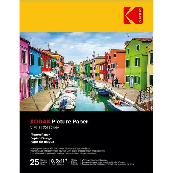KODAK Photo Paper Gloss 8.5"x11", 25 count, 66lb-230g/m2 weight, 11.9 mil thickness, Vivid color picture paper