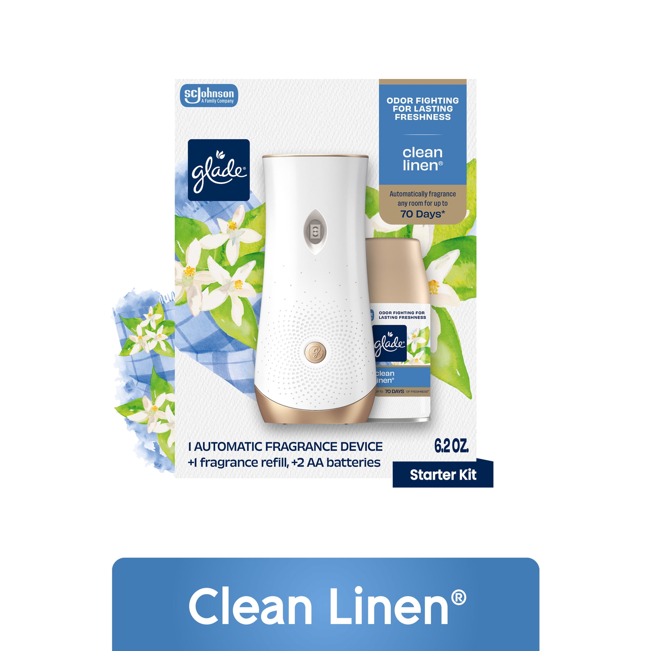 (4 pack) Glade Automatic Spray Air Freshener Starter Kit, 1 Holder and 1 Refill, Mothers Day Gifts, Clean Linen, Fragrance Infused with Essential Oils, 6.2 oz