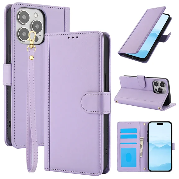 Wallet phone protective case with card slot, suitable for iPhone 14 pro PU leather flip cover bracket protective case with hanging rope