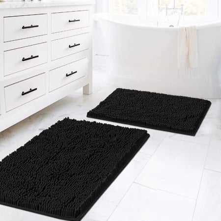 CF Black Bathroom Rug Set 2 Piece, Bath Mats for Bathroom Floor, Super Thick Soft Shaggy Chenille Bath Mats Machine Washable, Dry Fast Water Absorbent Bath Mats(20" x 32"/17" x 24")