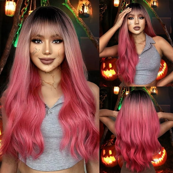 UTOURS Human Hair Wigs For Women 24 Inch Wig With Bangs Long Wave Pink Gradient Wig Suitable For Party Festival Cosplay