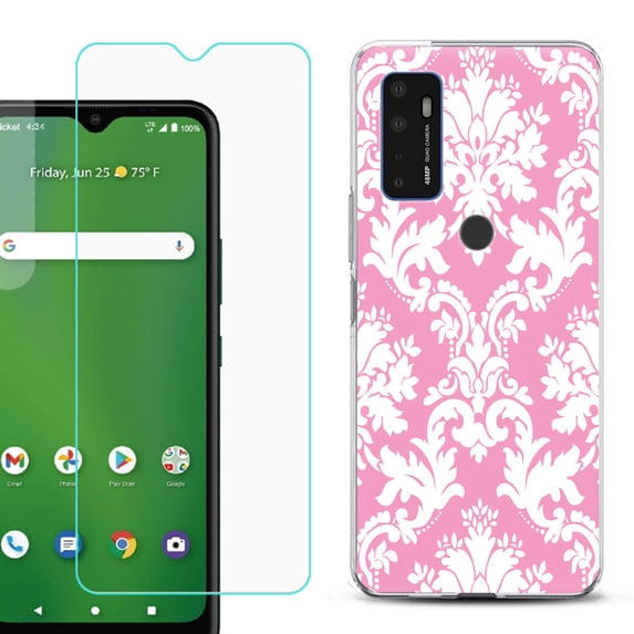 Slim-Fit Gel TPU Phone Case for Cricket Dream 5G, with Tempered Glass Screen Protector, by OneToughShield ® - Victorian White/Pink