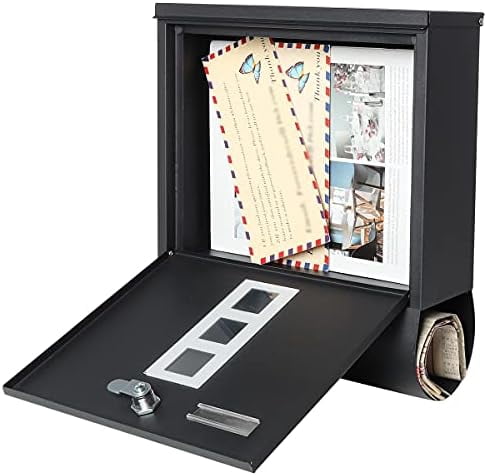Locking Mailbox Wall Mount, Black Mailboxes with Secure Key Lock and Newspaper Compartment, Key Lock Drop Box Large Capacity with Galvanized Cover and Rust-Proof Metal Mailbox, HPB2210 Black