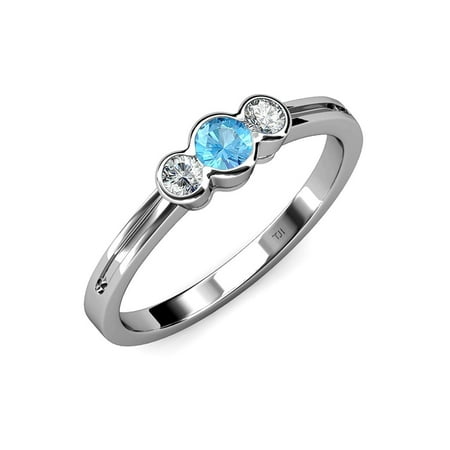 

Blue Topaz and Diamond (SI2-I1 G-H) Three Stone Ring 0.54 ct tw in 14K White Gold.size 5.5