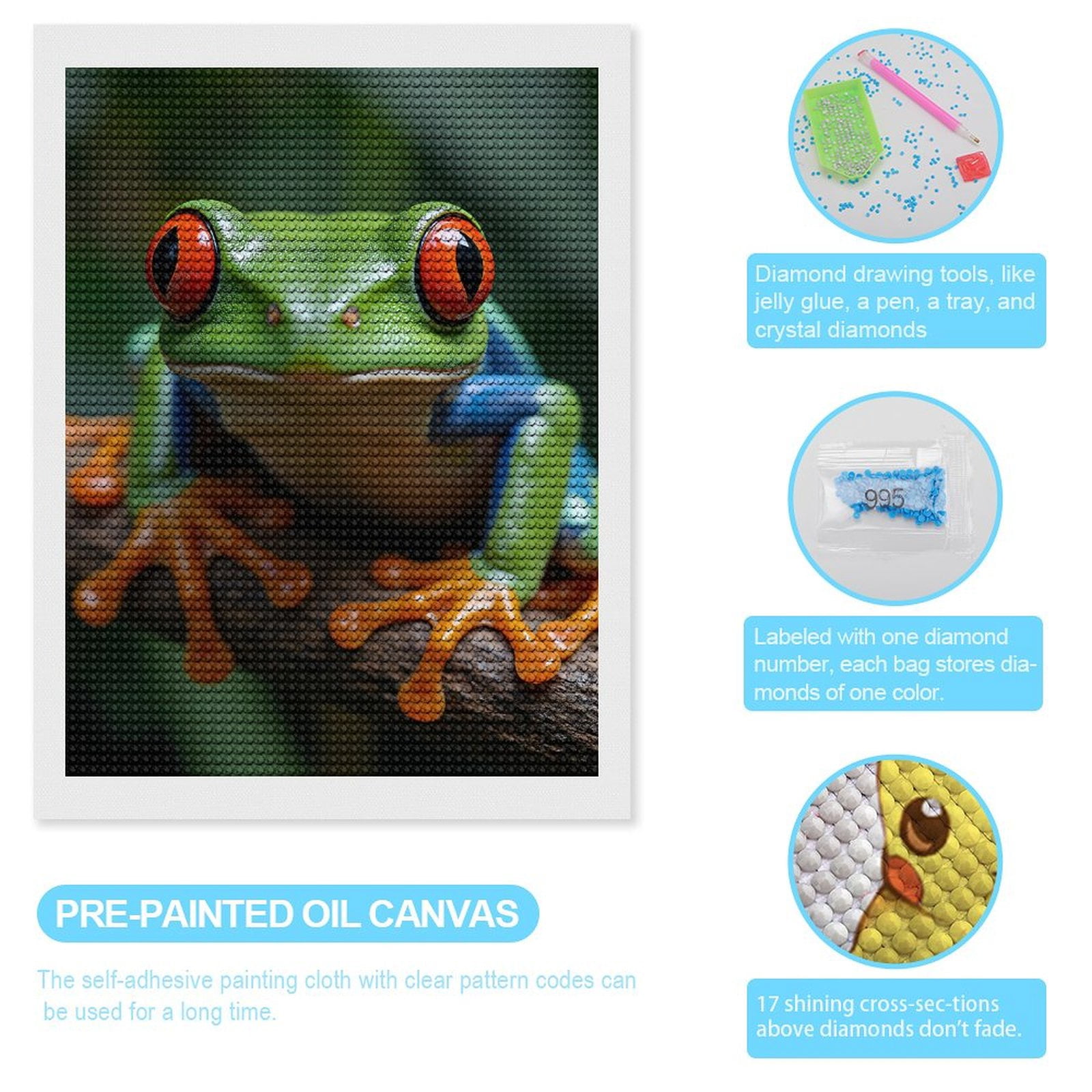 Diamond Art Kits for Adults, Bright Tree Frog Portrait 5D Diamond Painting Kits for Adults Beginners, DIY Full Drill Diamond Painting, Gem Art and Crafts 12x16