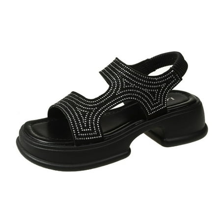 

ZIZOCWA 2023 Summer New Platform Women Sandals Fashion Open Toe Thick Sole Flat Shoes Ladies Elegant Rhinestone Sandalias Black Size7