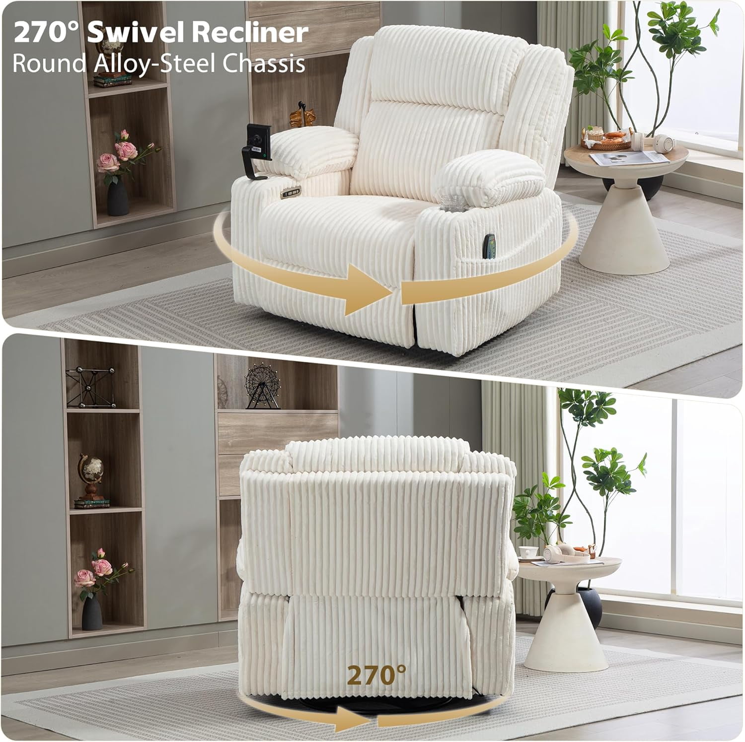 Power Swivel Rocker Recliner Chair for Adults with Massgae and Heat, USB and Type-C Charging Port, Infinite Position, Electric Glider Rocking Chairs for Living Room, Nursery
