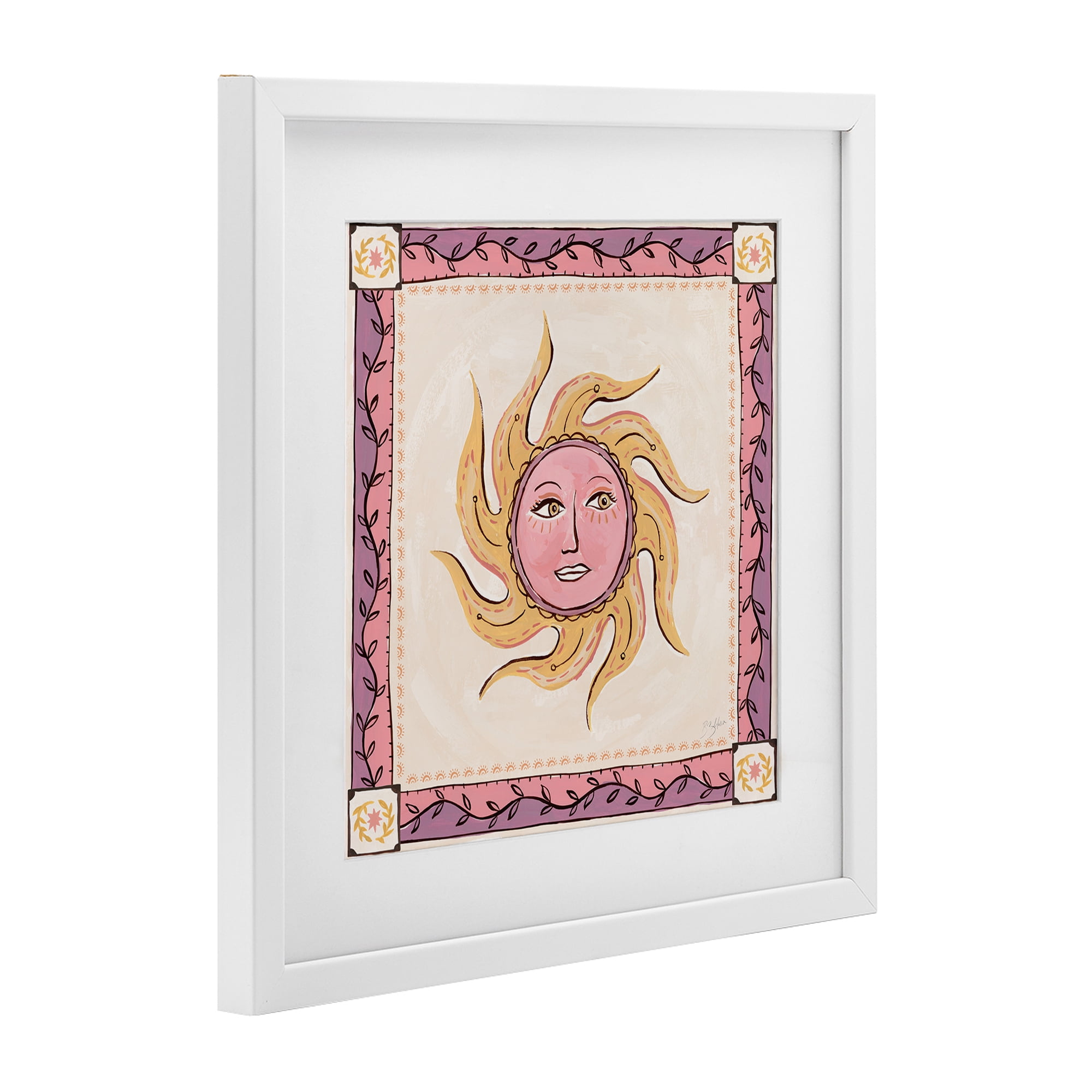Stupell Industries Pink Sun Face with Leaf Border White Framed Print Under Glass, design by Two If By Sea Studios