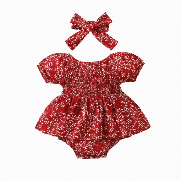 enyan Newborn Baby Girl Summer Clothes Puff Short Sleeve Bubble Romper Dresses Smocked Frill Bodysuit with Headband Infant Outfits Red,6-9 Months