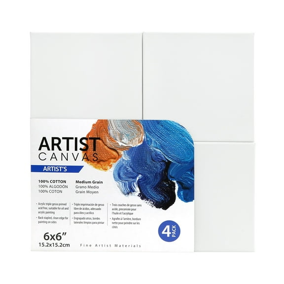 Artist 3D Stretched Canvas, 100% Cotton Acid Free White Canvas, 6"X6",4 Pieces, Deluxe Canvas, Ideal for Art Students, Educators, Artists and Professionals.