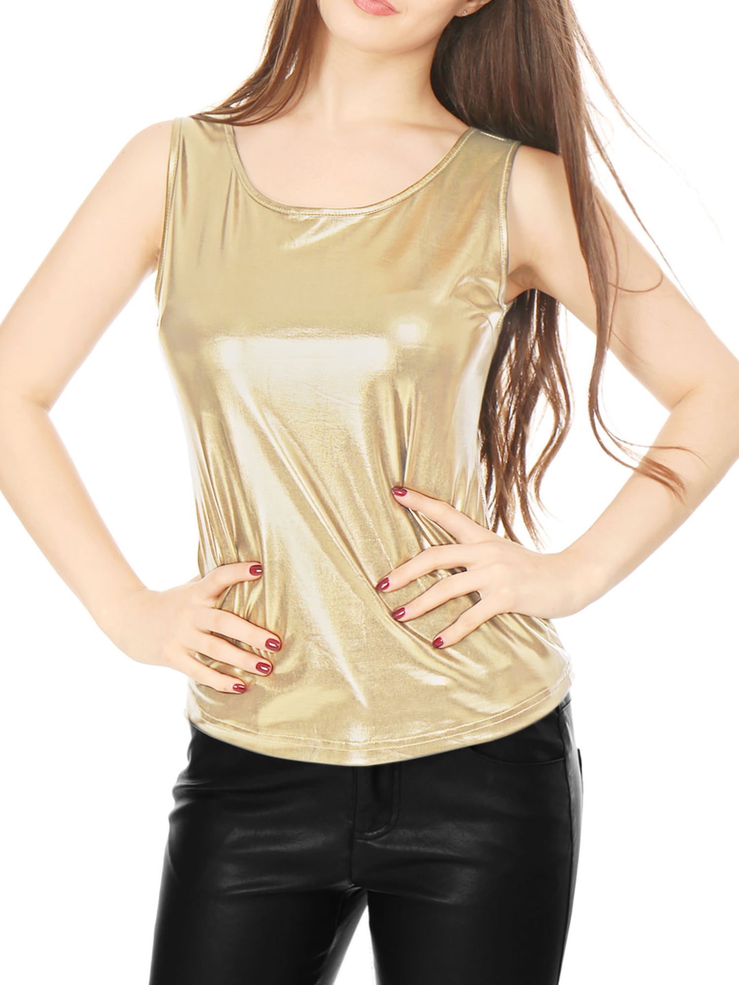 DARING DIVA Women's Sleeveless U Neck Sparkly Metallic Tank Top S Gold