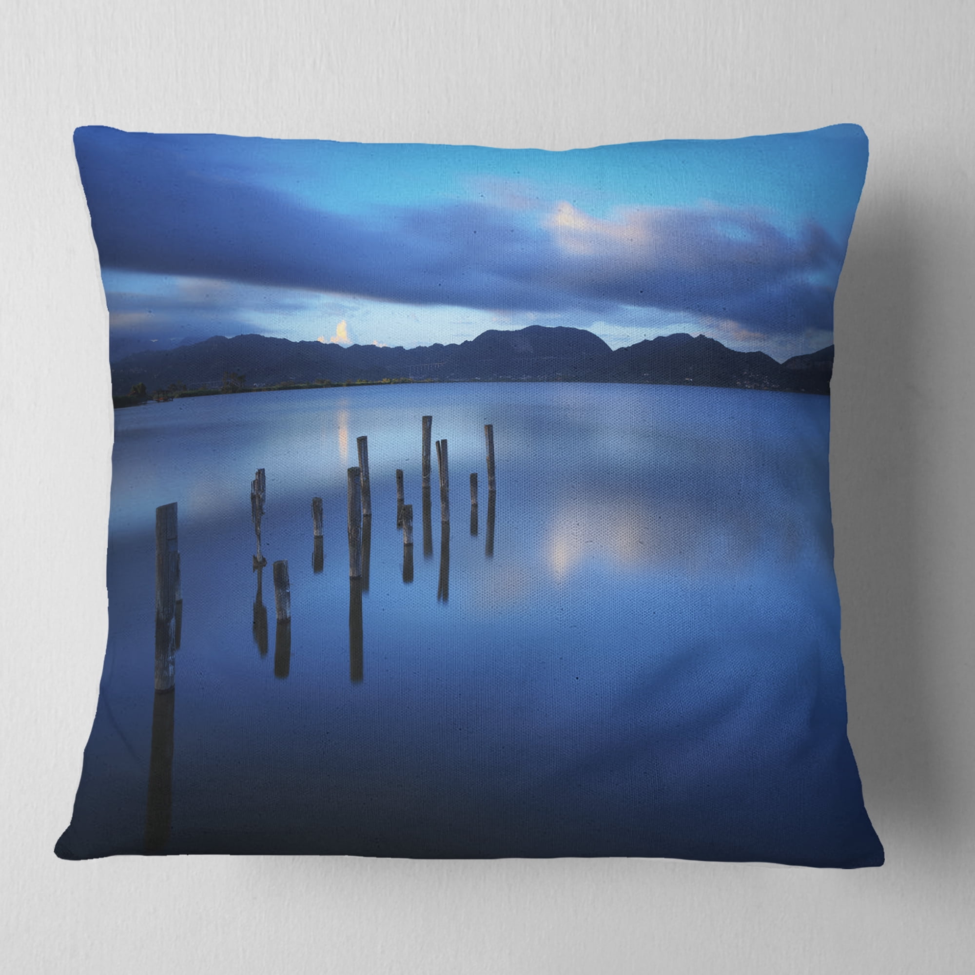 Designart Dark Blue Sea with Pier Remains - Seascape Throw Pillow - 18x18