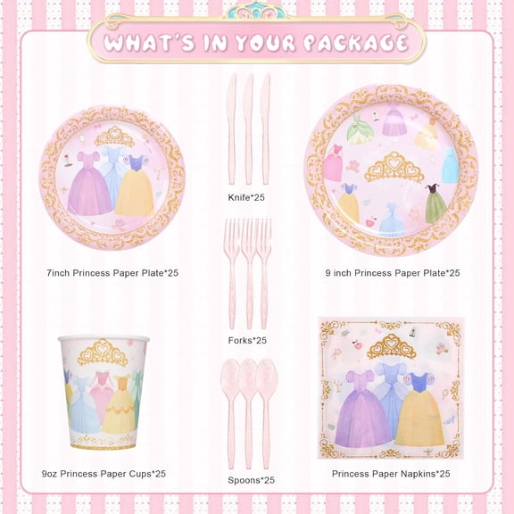 PYAN-175Pcs Princess Paper Plates Napkins, Princess Themed Birthday Party Decorations Pink Party Supplies Disposable Dinnerware Set Plate, Utensils, Cup, Napkin, Tableware Set, Serve 25 Guests