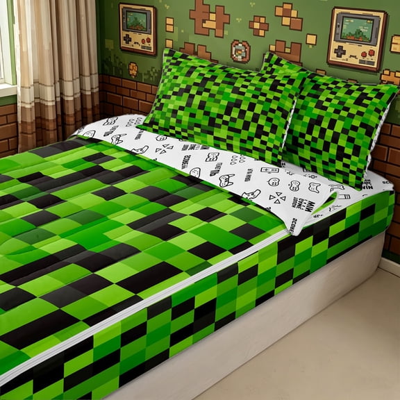 meiyoeat Green Black Pixel Zipper Twin Comforter Sets with Fitted Sheet and 2 Pillowcases for Kids Boys, Block Grid Zipper Bedding Set for Bedroom, Gamepad ReversibleB