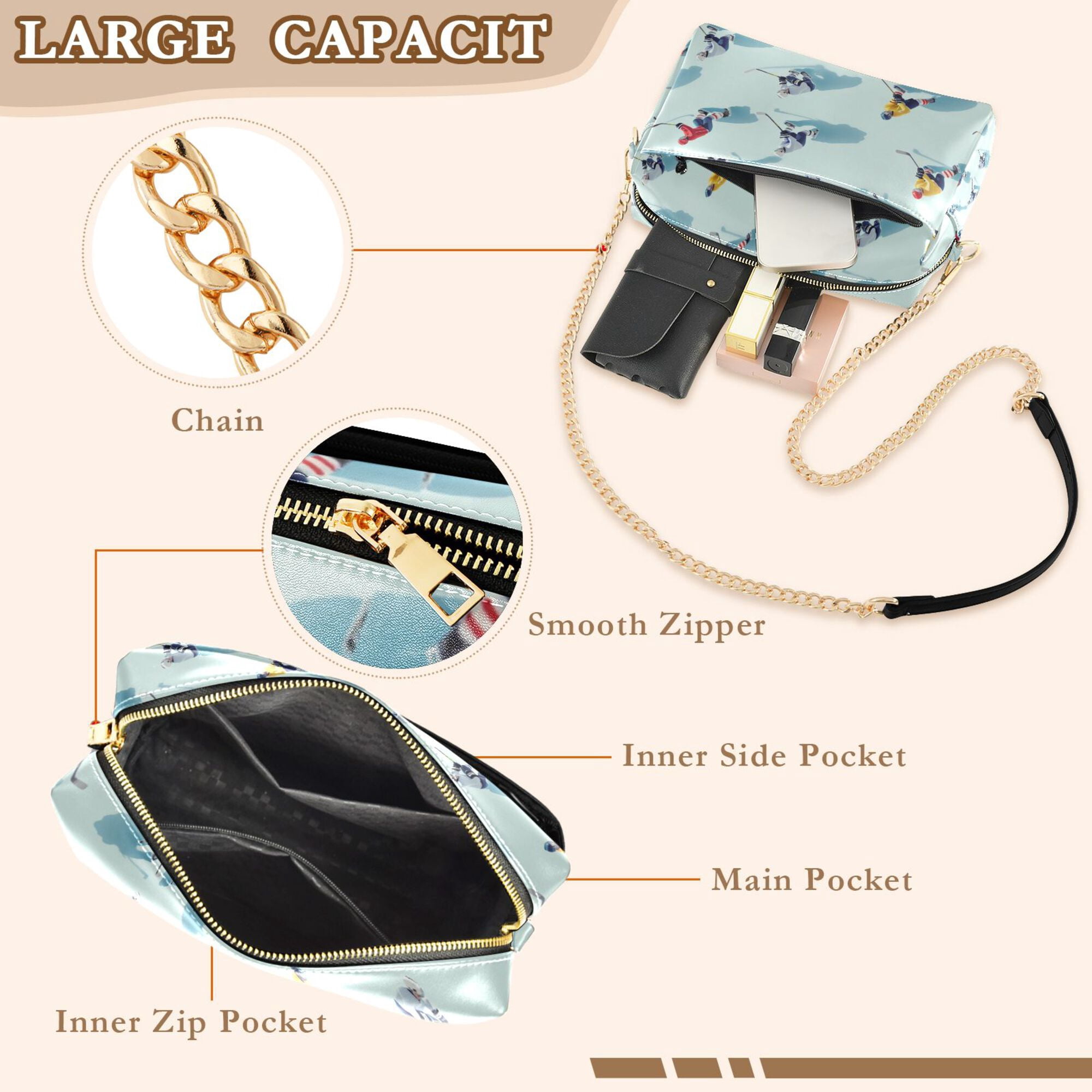 FORMRS Women Crossbody Purse with Chain Strap Vegan Leather Shoulder Handbag, Ice Hockey