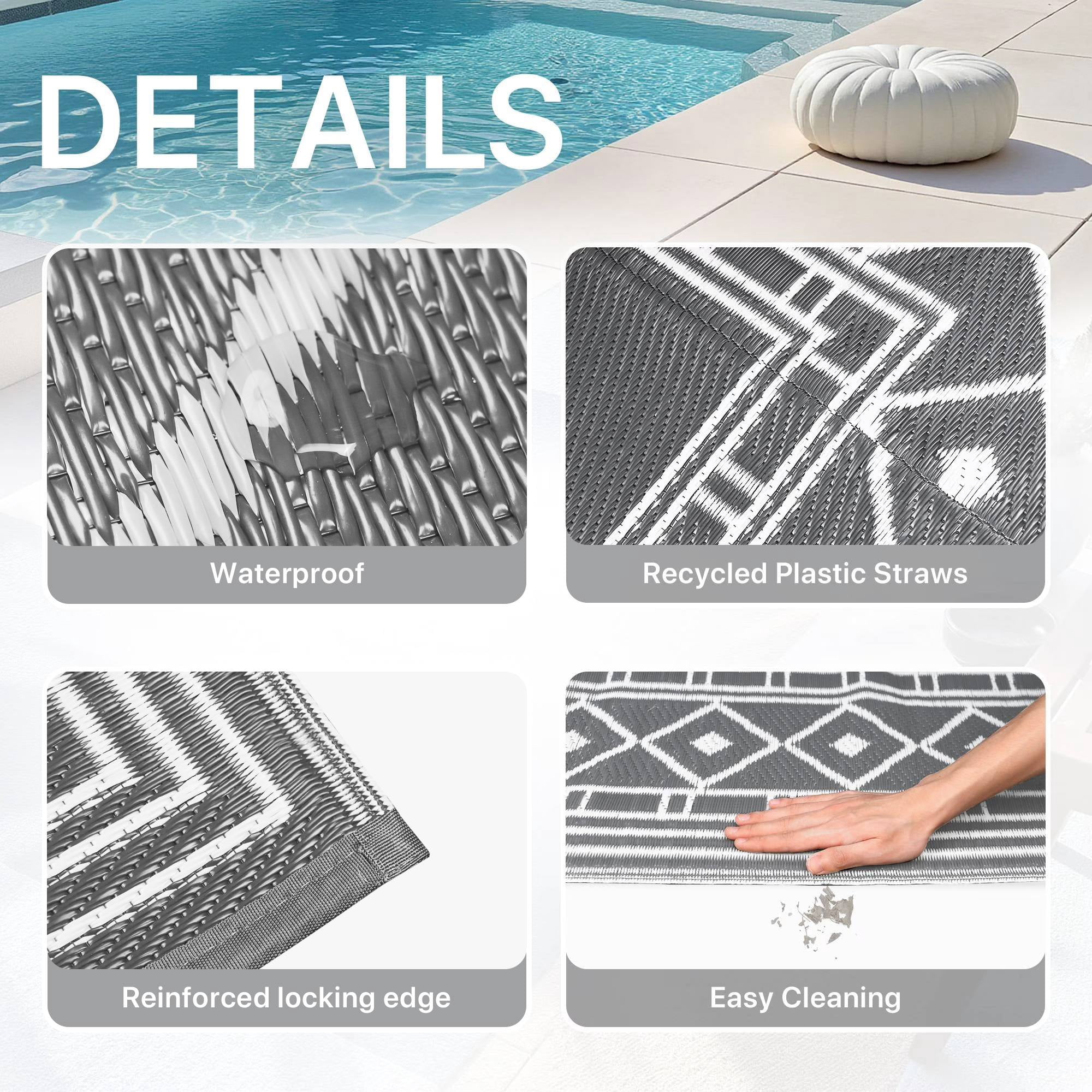 DEORAB Outdoor Rugs Waterproof Plastic Straw Camping Carpet Reversible Patio Outside Mat 9'x12',Grey & White