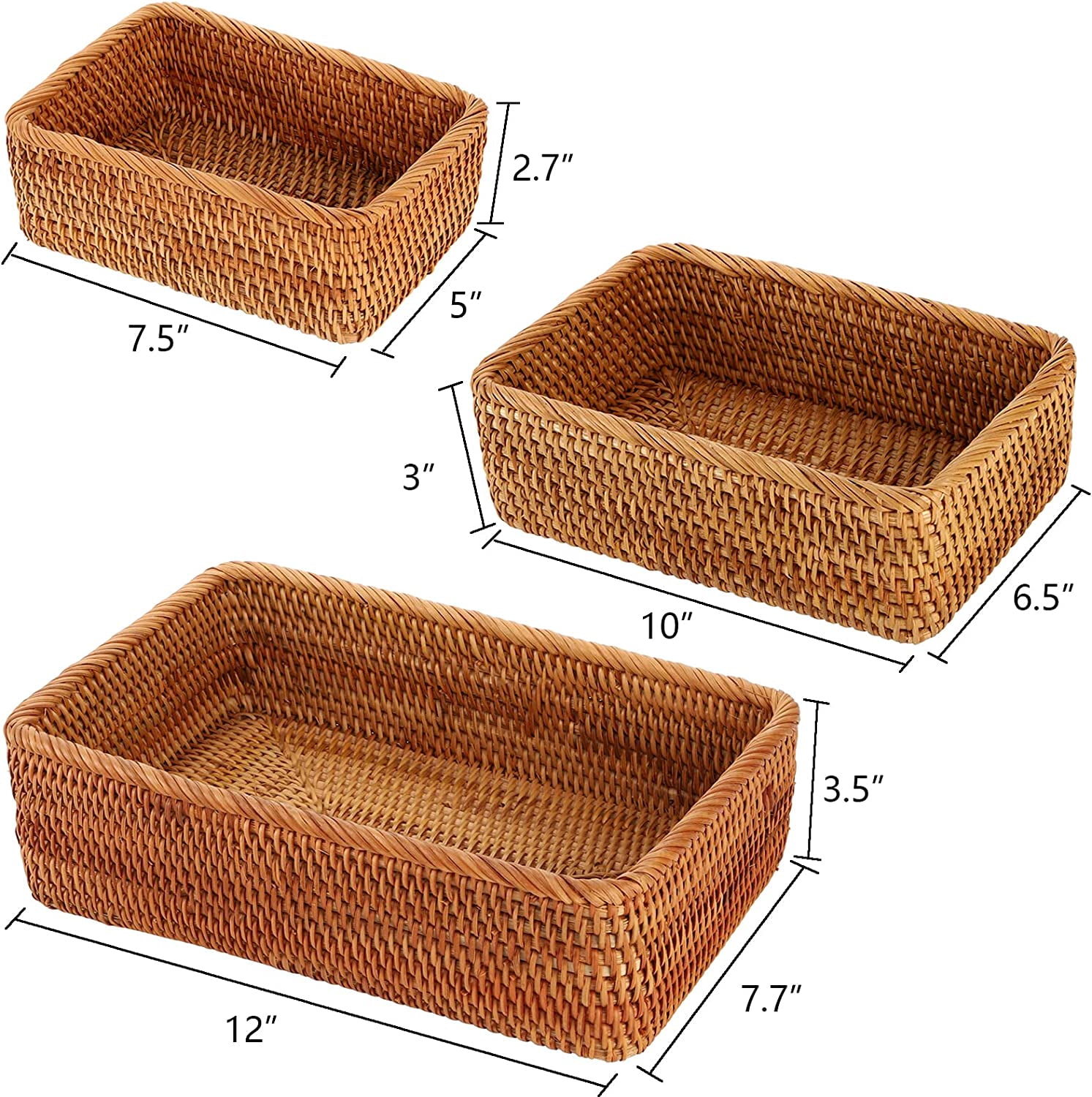 3 Pack Rectangular Rattan Storage Baskets, Bulk Shallow Wicker Baskets for Decor, Handmade Woven Nesting Bread Baskets for Organizing, Serving, for Kitchen, Home, 3 Sizes