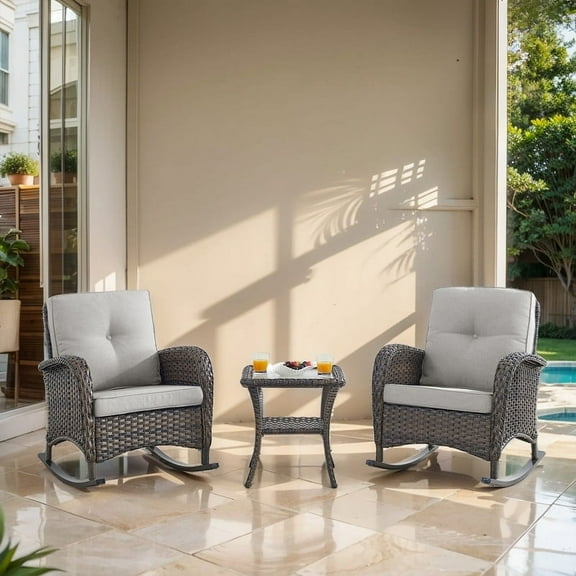 POCASSY Outdoor Rocking Chairs Olefin Furniture - Set of 2 for Porch 3 Pieces with Side Table, Beige