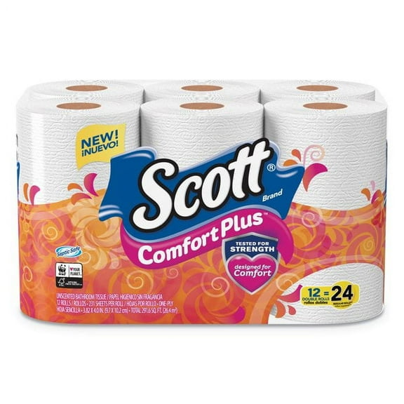 Scott ComfortPlus Toilet Paper, Double Roll, Bath Tissue, 1-Play, 231, 12 Roll per Pack
